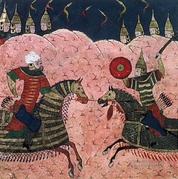  Painting Works - Persian Mongol School Painting Two Warriors Fighting Aggression religious Islam